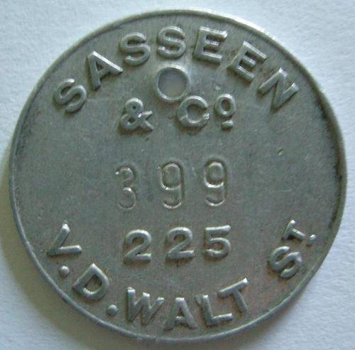 Token Sasseen & Co Aluminium 3/- Empty Basket Deposit 27,3mm Hern 490a