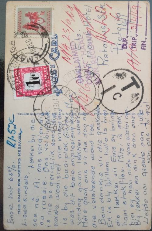 1969 RSA cover with postage due, Unclaimed cachet and trip log