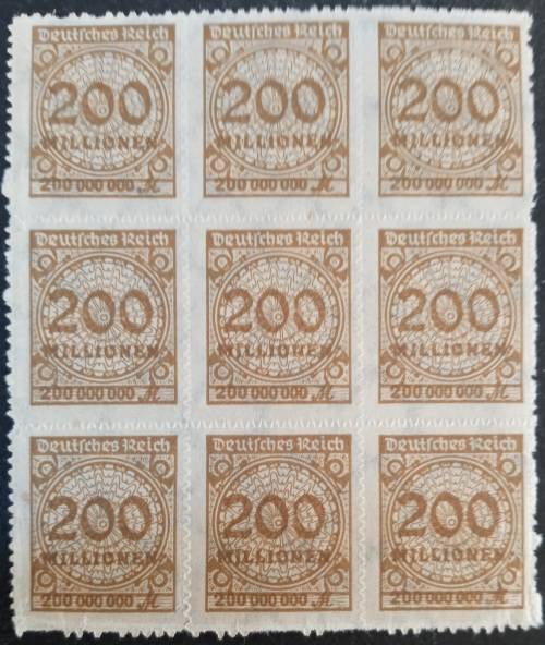 1923 German Reich block of 9 x 200mil Mark. Mint no hinge, waffle watermark and zigzag roulette.