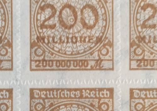 1923 German Reich block of 9 x 200mil Mark. Mint no hinge, waffle watermark and zigzag roulette.
