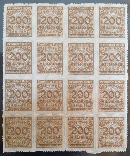1923 German Reich hyperinflation block of 16 x 200 mill Mk MNH and zigzag roulette.