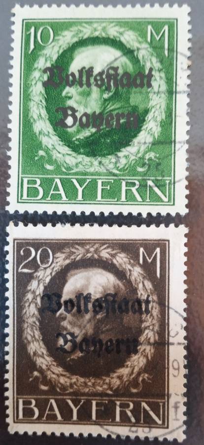 1919 Bavaria overprint Volksstaat Bayern, 10M and 20M fine used. Catalogue R2900..