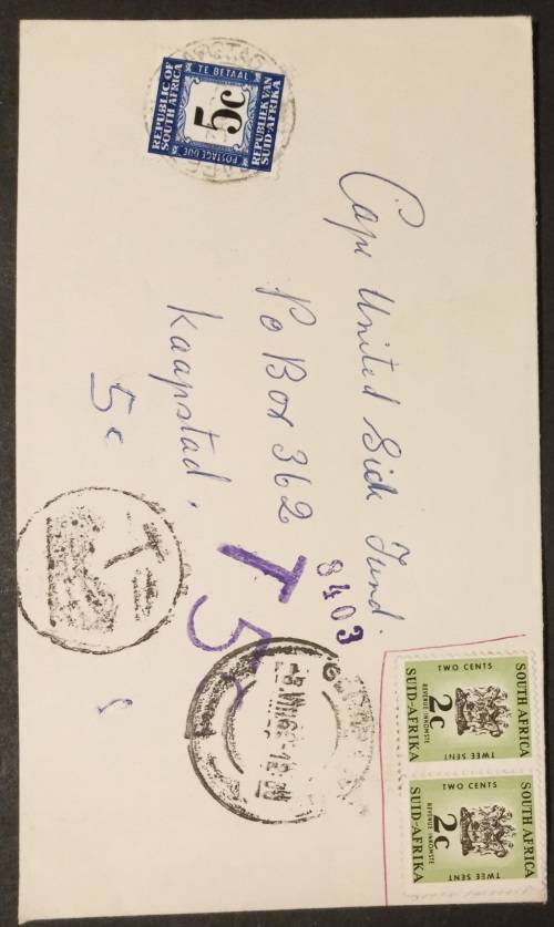 1967 RSA cover, attempted postage with revenue stamps, accordingly taxed.