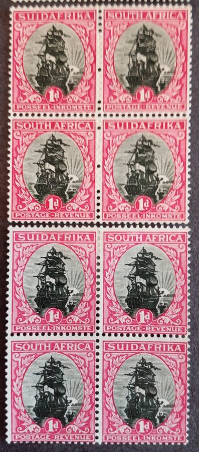 1930 Union of South Africa Rotos 2 blocks of 4 x 1d in carmine and scarce rose Catalogue R2100