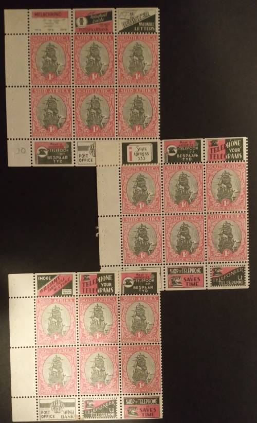 1935 Union of South Africa B10 booklet panes x 3 different. Catalogue R1500.