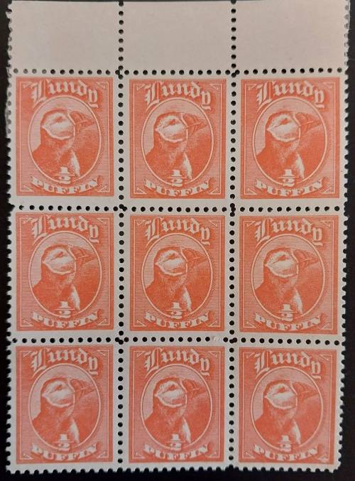 1929 Lundy Island 1/2 Puffin marginal block of 9 MNH