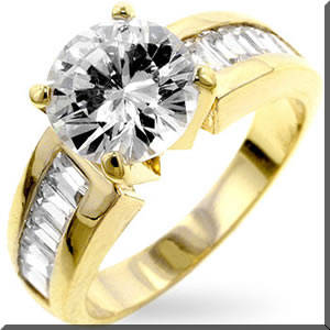14kt GOLD BONDED & RHODIUM PLATED WITH ROUND & BAGUETTE CUT WHITE CZ RING SIZE 6