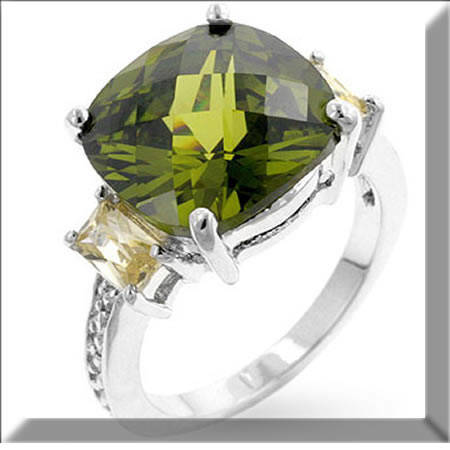 RHODIUM PLATED OLIVE GREEN CZ RING SIZE 7