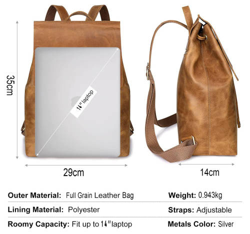 Full Grain Leather Backpack, Handbag, Laptop Bag - Carries up to 14Inch Laptop