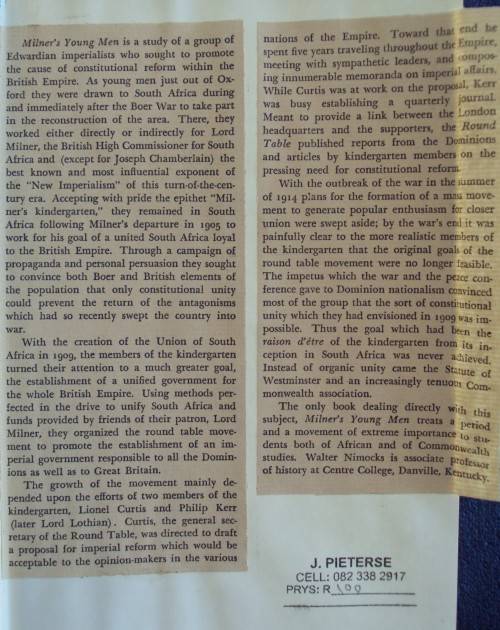 Milner`s Young Men:The `Kindergarden` in Edwardian Imperial Affairs Walter Nimocks
