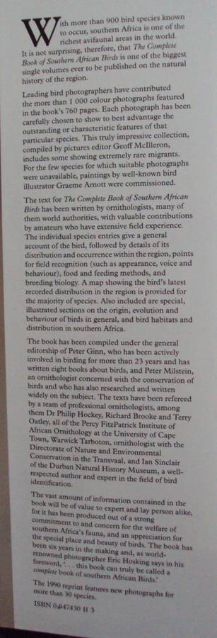 Complete Book of Southern African Birds P J Ginn W G McIlleron P le Milsteinn (Illustrated boxed)