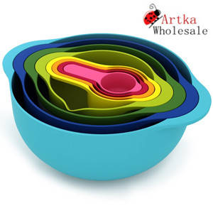 Playful 8 piece measuring and mixing bowl set is the ideal space saving addition to any kitchen