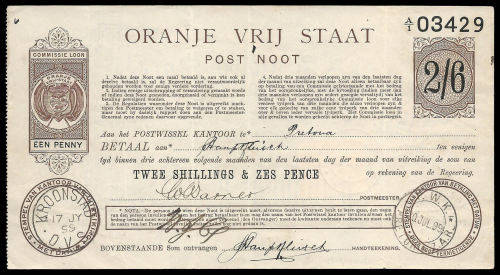 ORANJE VRIJ STAAT Post Noot.  Rare and in fine condition. Pre Anglo Boer War.