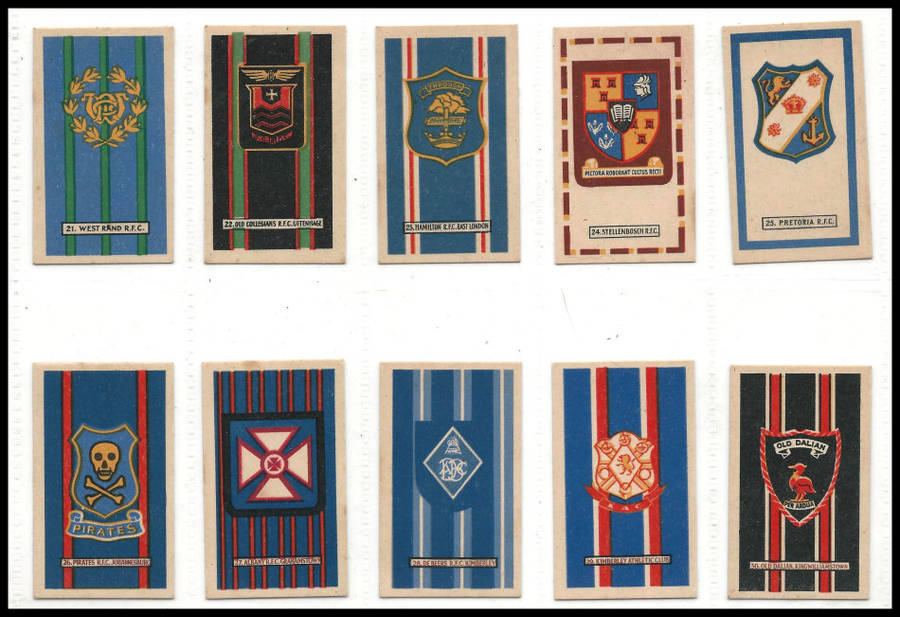 COMPLETE SET  of 50! (only 10 shown). Badges of South African Rugby Football Clubs.  Cigarette cards