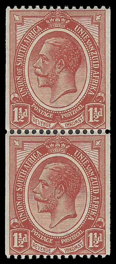 South Africa. Kings Heads 1½d COIL as per scan. Bottom stamp unmounted mint; top stamp mounted mint.