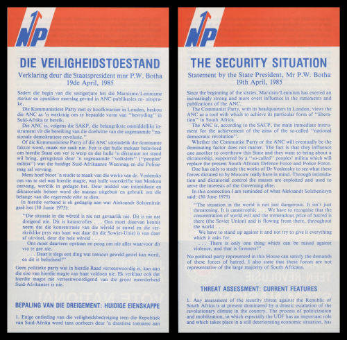National Party. 1985 Propaganda pamphlet. A4, foded in 3. English one side, Afrikaans on the other.