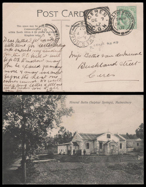 Postcard from Malmesbury to Ceres as per scan.  Note CERES ROAD postmark.