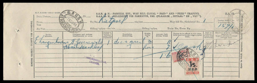 1946. South African Railways Issue 8 and Issue 9 combination on waybill (Hermanus). Scarce.
