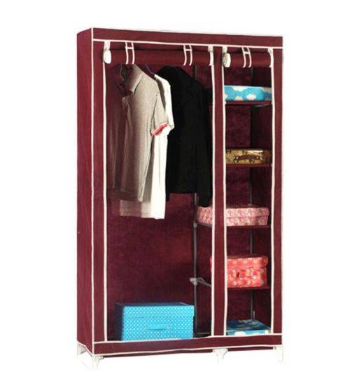 Canvas Material Wardrobe: Double (Shelves & hanging rail) - Maroon
