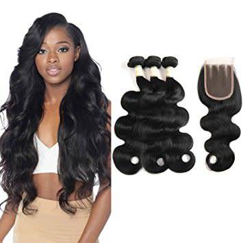 100% Virgin Brazilian Human Hair Bundles (x3) with 3-part closure - Body wave 10"