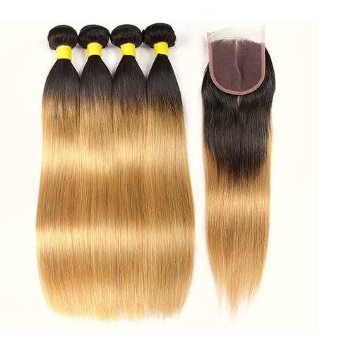 1B/27 Ombre Brazilian Straight Virgin Hair 12 Inches - 4 Bundles plus Closure - Grade 12A SPECIAL