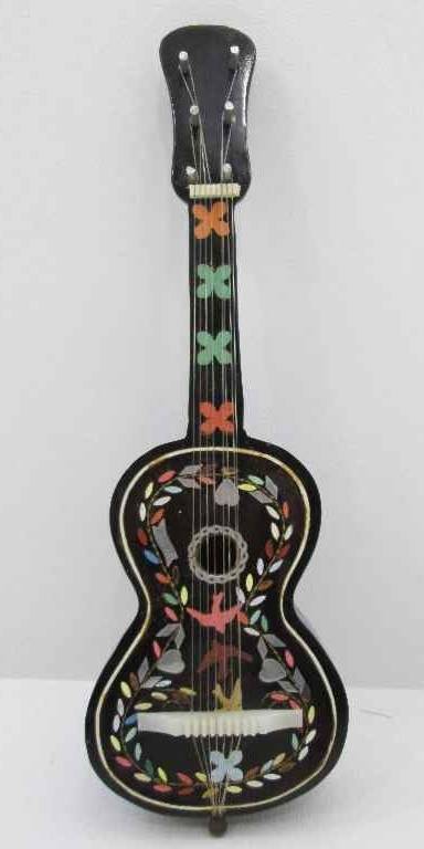 Sweet Guitar Shaped Music Box, Hand Painted, Working & In Lovely Condition - Length 24cm