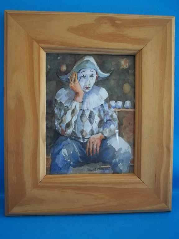 Clown Watercolour - Suset Maakal , Framed Behind Glass In A Wood Frame - Frame Size 27cm/32cm