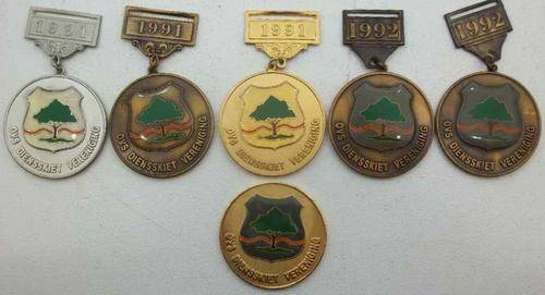 6X Brass/Silver/Gold OVS Dienskiet Vereniging Shooting Medals, 1991 & 1992 - Diameter 5cm