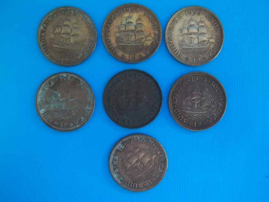 7 X Elizabeth Regina II 1d Coins 1953, 1954, 1955, 1956, 1957, 1958, 1960