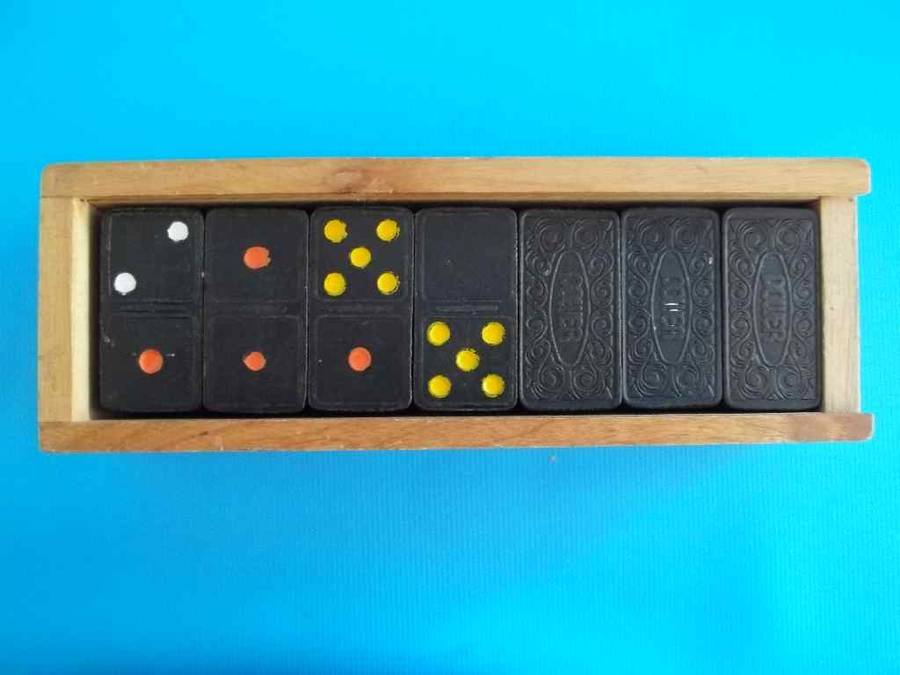 Lovely Old Set of "Power" Dominoes In A Wooden Box Marked With Felt Pen