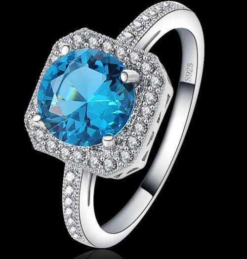 Sale!!Stunning Platinum Plated Inlayed Blue Sapphire Square Engagement Rings Bijoux - Size 7