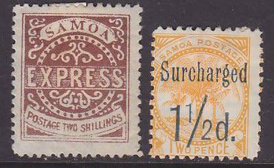 Samoa -2s brown, 1877/82 perf. 11 & 1.5p on 2p yellow 1895 - both partial gum & hinge remain