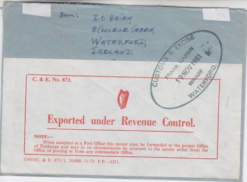 1981 FDC from Ireland to South Africa "Exported under revenue control" crisp cancellation