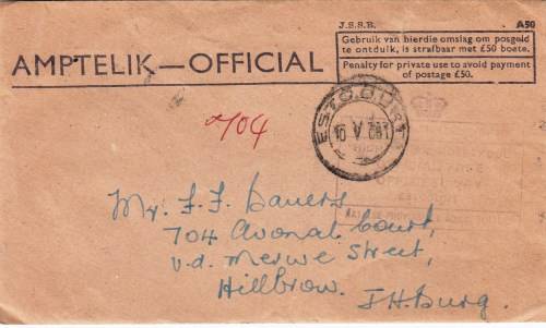 Official cover - 1961 - from Estcourt Durban to Johannesburg