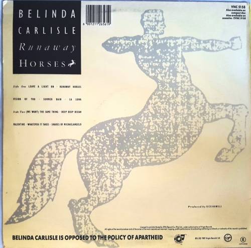 LP,BELINDA CARLISLE,RUN AWAY HORSES,Record:VG+,Cover:VG+,Label:Virgin,CAT:VNC 5158,Press:SA