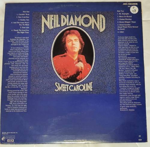 LP,NEIL DIAMOND,SWEET CAROLINE,Record:VG+,Cover:VG+,Label: MCA,CAT:PPL55,Press:SA