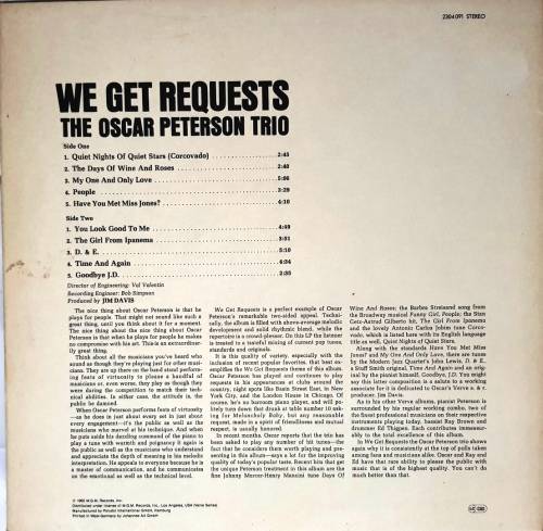 LP,The Oscar Peterson Trio,We Get Requests,M:VG+,C:VG+,Label:Verve Records.2304,Press:Germany