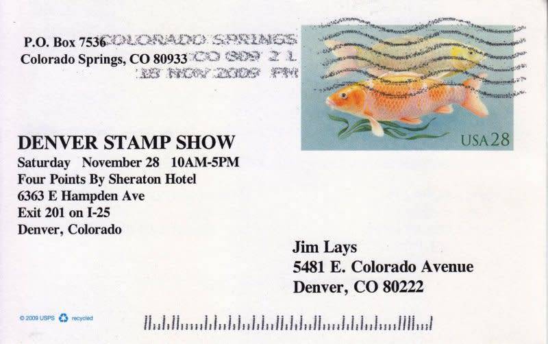 USA ,Denver Stamp Show invite,2009,Stunning fish imprinted stamp!