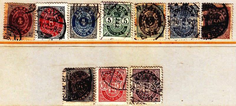 Denmark, Scott #18,25/6,28,33,43,45,47,48,54,1870/1902,VFU,CV$80.00