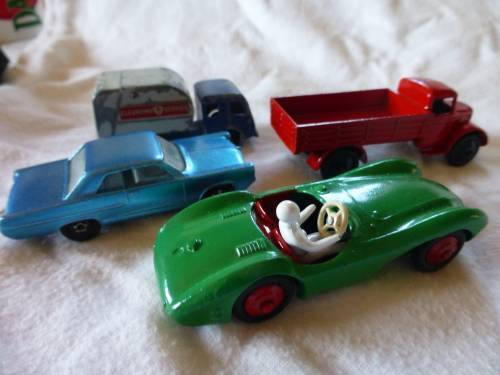 Dinky Toy Farm wagon,Dinky Aston Martin and Matchbox Pontiac GP Sports Coupe and other.