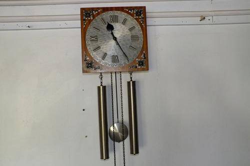 Junghans German Wall clock 2 weight Pewter dial on wood Bell strike Great running cond
