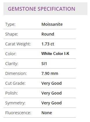 Beautiful 1.73 ct 7.90 mm White  color I-K Si1 Round Cut Moissanite