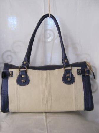 GENUINE LEATHER CREAM AND METALLIC BLUE HAND BAG (7 DAY MONEY BACK GUARANTEE)