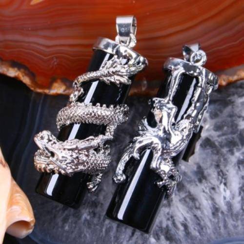 6 X DRAGON / PHOENIX GENUINE BLACK AGATE GEMSTONE PENDANTS