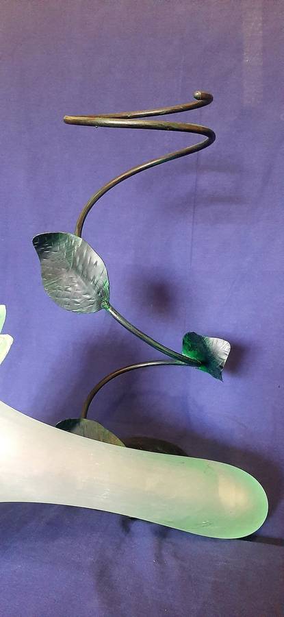 LARGE GREEN GLASS PETAL VASE WITH ORNATE METAL STAND