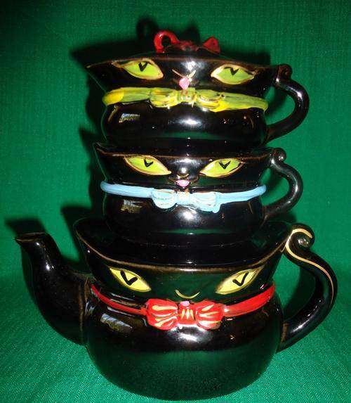 BLACK STACKING REDWARE CAT -TEA POTS- SHAFFORD-JAPAN-EXTREMELY RARE