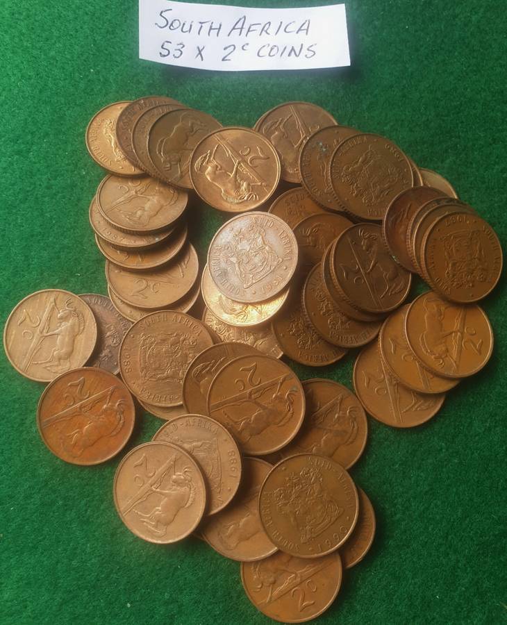 53 x South African 2 cent coins (1971 to 1990)