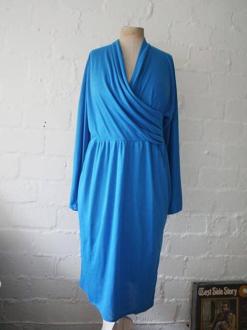 VINTAGE BLUE WRAP-LIKE RUCHED LONG SLEEVE DRESS SIZE XL