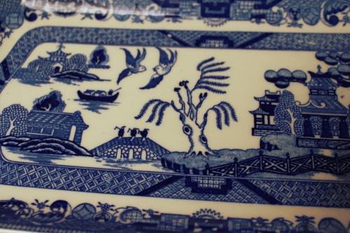 Antique Johnson Brothers Blue Willow Platter Cobalt Blue China, Victorian England Chinoiserie, EUC