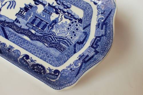 Antique Johnson Brothers Blue Willow Platter Cobalt Blue China, Victorian England Chinoiserie, EUC